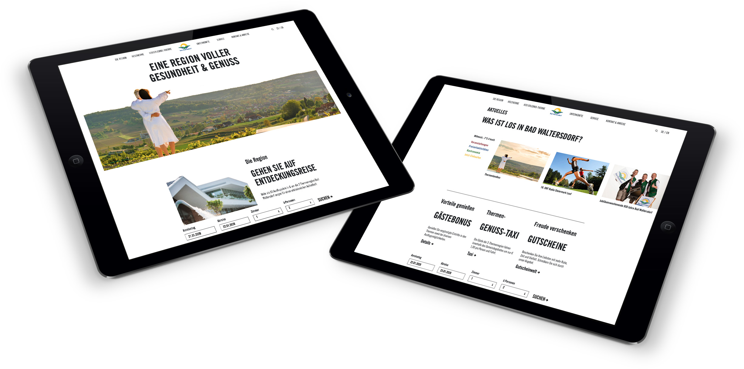 Zwei Tablets mit der Webseite der Tourismusregion Bad Waltersdorf