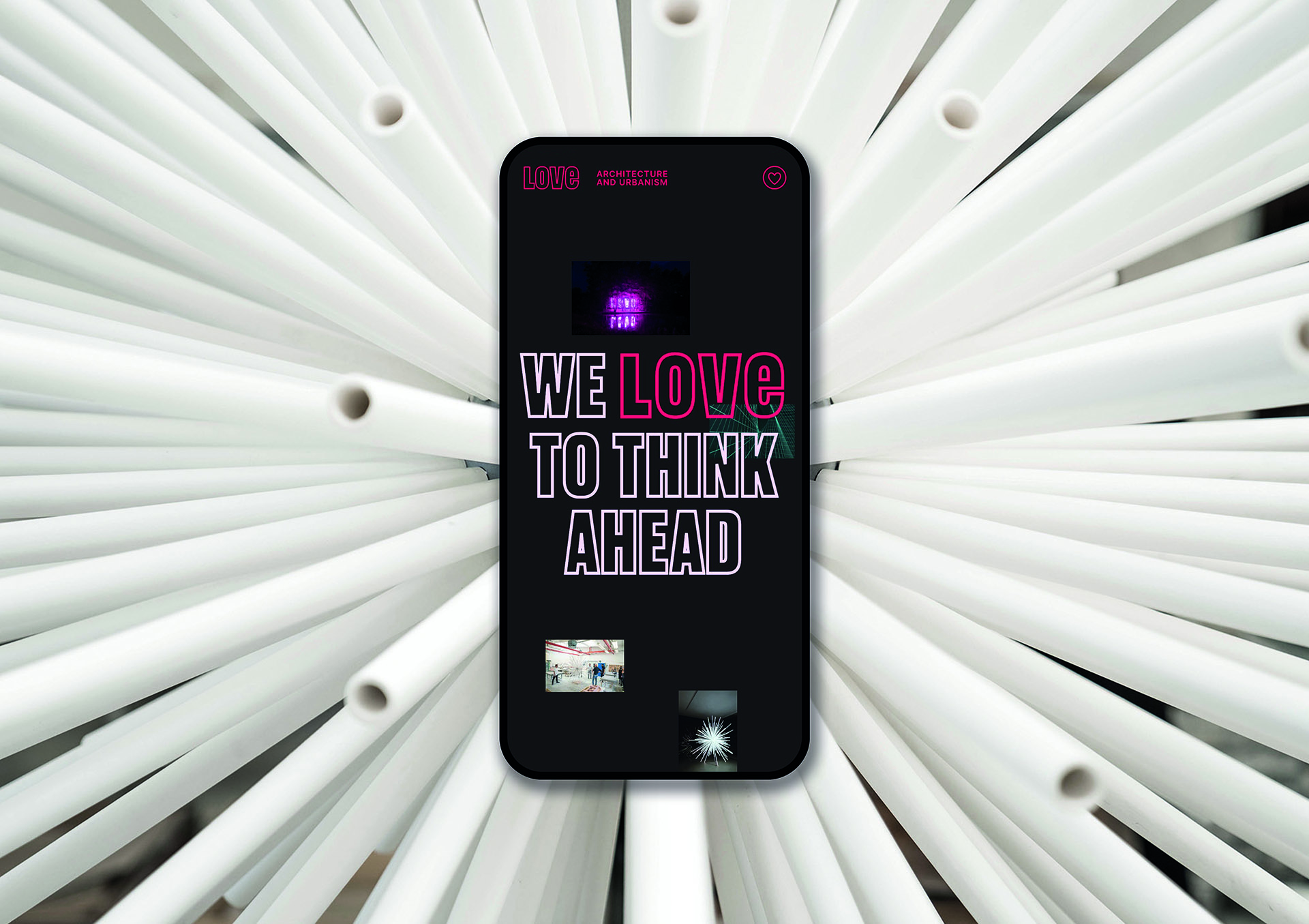 Smartphone Mockup der neuen LOVE Website mit einem Kunstprojekt im Hintergrund